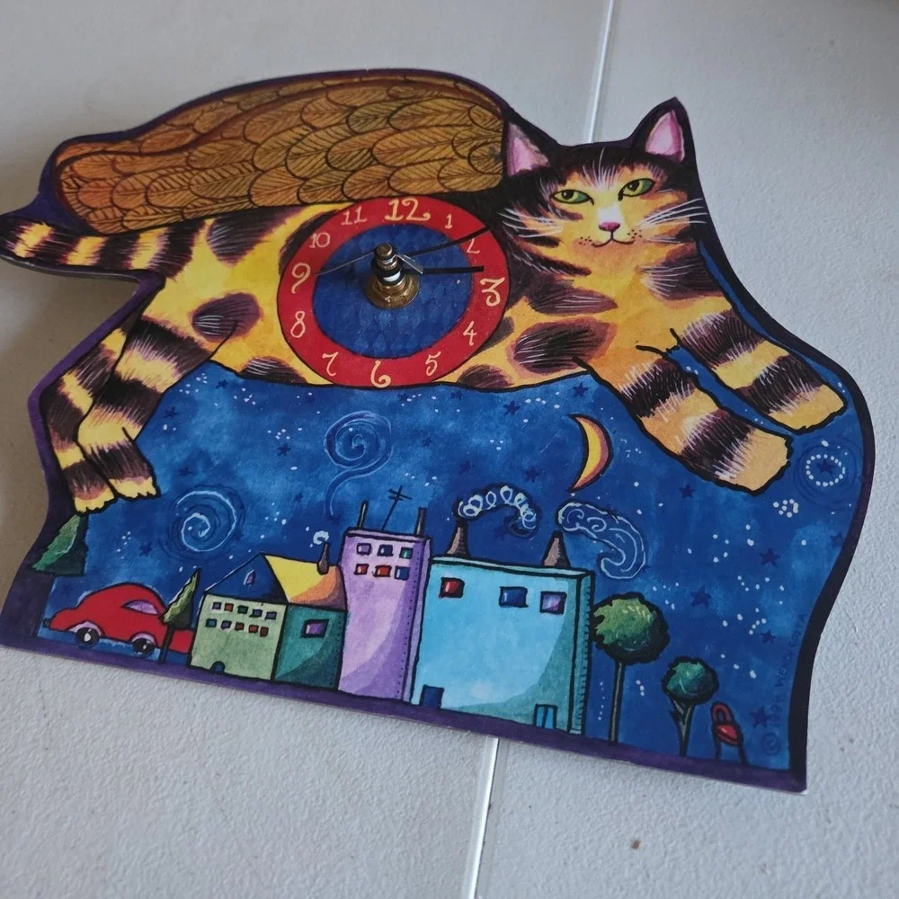 Wendy Costa 1994 Whimsical Flying Cat Wall Clock City Sky Line